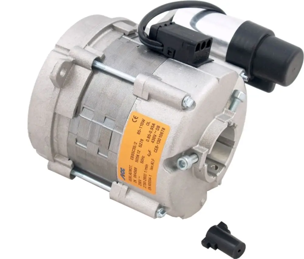 Elektromotor mit angeschlossenem Kondensator, gefertigt für Heizsysteme, geeignet für Cuenod-Gelbbrenner und von der Marke Wolf.
